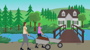 Bahçıvanlık yapan insanlar, kırsal alan animasyonları.