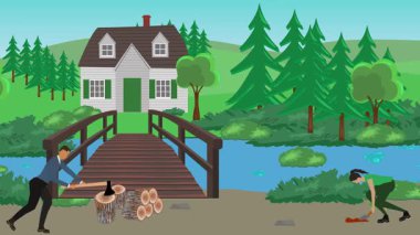 Bahçıvanlık yapan insanlar, kırsal alan animasyonları.