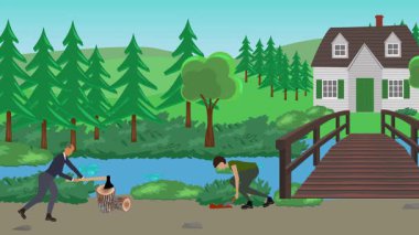 Bahçıvanlık yapan insanlar, kırsal alan animasyonları.