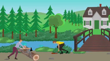 Bahçıvanlık yapan insanlar, kırsal alan animasyonları.