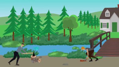 Bahçıvanlık yapan insanlar, kırsal alan animasyonları.