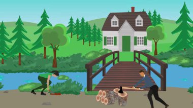 Bahçıvanlık yapan insanlar, kırsal alan animasyonları.