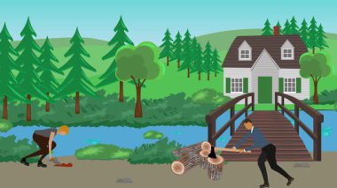 Bahçıvanlık yapan insanlar, kırsal alan animasyonları.