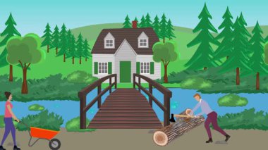 Bahçıvanlık yapan insanlar, kırsal alan animasyonları.