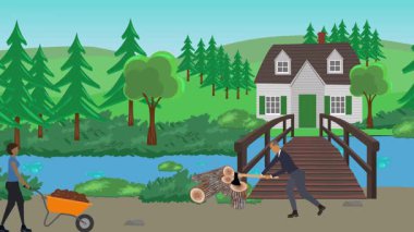 Bahçıvanlık yapan insanlar, kırsal alan animasyonları.