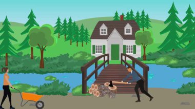 Bahçıvanlık yapan insanlar, kırsal alan animasyonları.