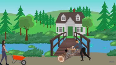 Bahçıvanlık yapan insanlar, kırsal alan animasyonları.