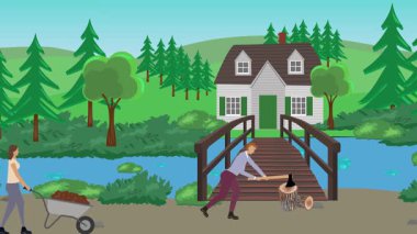 Bahçıvanlık yapan insanlar, kırsal alan animasyonları.