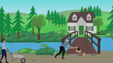 Bahçıvanlık yapan insanlar, kırsal alan animasyonları.