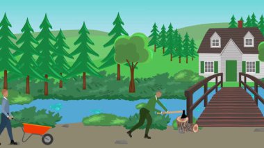 Bahçıvanlık yapan insanlar, kırsal alan animasyonları.