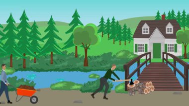 Bahçıvanlık yapan insanlar, kırsal alan animasyonları.