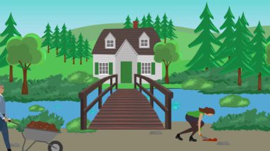 Bahçıvanlık yapan insanlar, kırsal alan animasyonları.