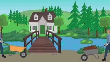 Bahçıvanlık yapan insanlar, kırsal alan animasyonları.