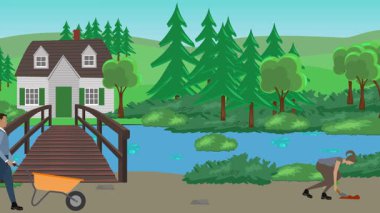 Bahçıvanlık yapan insanlar, kırsal alan animasyonları.