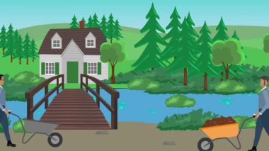 Bahçıvanlık yapan insanlar, kırsal alan animasyonları.