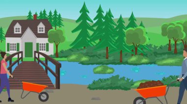 Bahçıvanlık yapan insanlar, kırsal alan animasyonları.