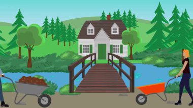 Bahçıvanlık yapan insanlar, kırsal alan animasyonları.