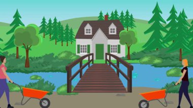 Bahçıvanlık yapan insanlar, kırsal alan animasyonları.