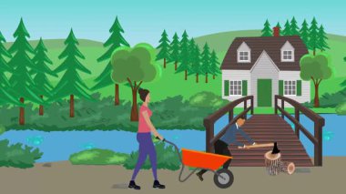 Bahçıvanlık yapan insanlar, kırsal alan animasyonları.