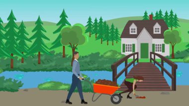 Bahçıvanlık yapan insanlar, kırsal alan animasyonları.