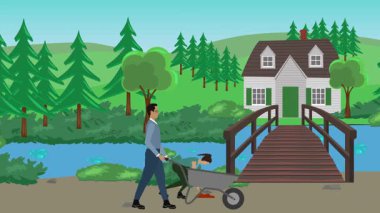 Bahçıvanlık yapan insanlar, kırsal alan animasyonları.