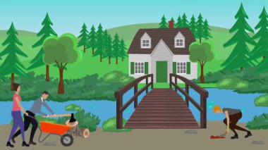 Bahçıvanlık yapan insanlar, kırsal alan animasyonları.