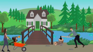 Bahçıvanlık yapan insanlar, kırsal alan animasyonları.