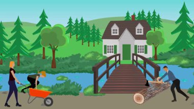 Bahçıvanlık yapan insanlar, kırsal alan animasyonları.