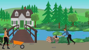 Bahçıvanlık yapan insanlar, kırsal alan animasyonları.