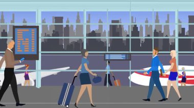 Seyahat etmek için havaalanında yürüyen turistler, animasyon sahneleri