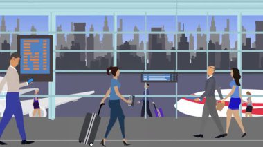 Seyahat etmek için havaalanında yürüyen turistler, animasyon sahneleri