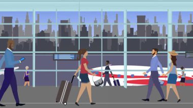 Seyahat etmek için havaalanında yürüyen turistler, animasyon sahneleri