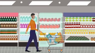 Hipermarkette yürüyen insanların çizgi film animasyonları, gıda ürünleri