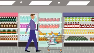 Hipermarkette yürüyen insanların çizgi film animasyonları, gıda ürünleri