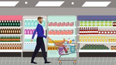 Hipermarkette yürüyen insanların çizgi film animasyonları, gıda ürünleri