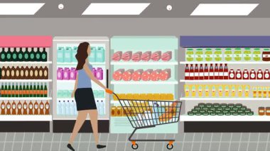 Hipermarkette yürüyen insanların çizgi film animasyonları, gıda ürünleri