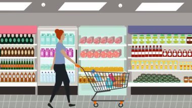 Hipermarkette yürüyen insanların çizgi film animasyonları, gıda ürünleri