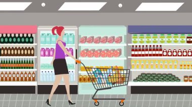 Hipermarkette yürüyen insanların çizgi film animasyonları, gıda ürünleri