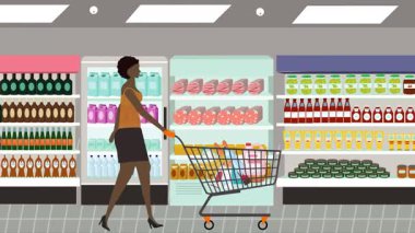 Hipermarkette yürüyen insanların çizgi film animasyonları, gıda ürünleri