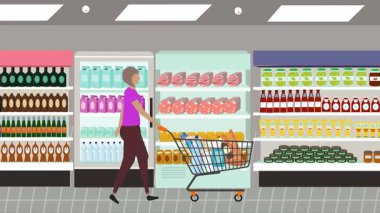 Hipermarkette yürüyen insanların çizgi film animasyonları, gıda ürünleri