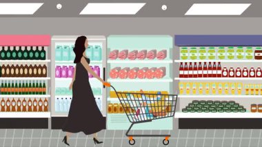 Hipermarkette yürüyen insanların çizgi film animasyonları, gıda ürünleri