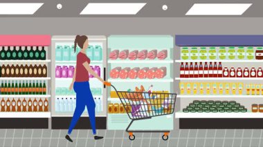 Hipermarkette yürüyen insanların çizgi film animasyonları, gıda ürünleri