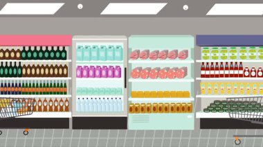 Hipermarkette yürüyen insanların çizgi film animasyonları, gıda ürünleri