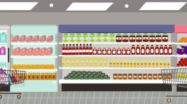 Hipermarkette yürüyen insanların çizgi film animasyonları, gıda ürünleri