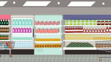 Hipermarkette yürüyen insanların çizgi film animasyonları, gıda ürünleri