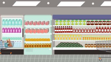 Hipermarkette yürüyen insanların çizgi film animasyonları, gıda ürünleri