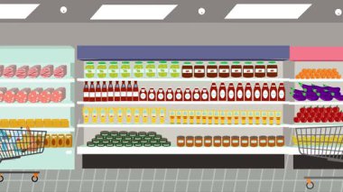 Hipermarkette yürüyen insanların çizgi film animasyonları, gıda ürünleri