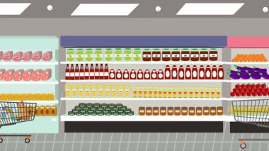 Hipermarkette yürüyen insanların çizgi film animasyonları, gıda ürünleri