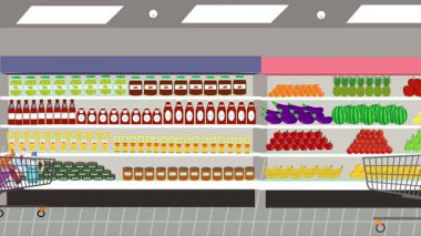 Hipermarkette yürüyen insanların çizgi film animasyonları, gıda ürünleri