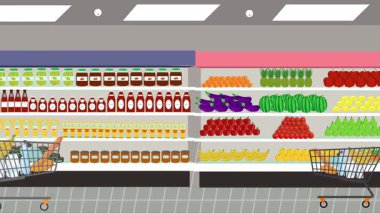 Hipermarkette yürüyen insanların çizgi film animasyonları, gıda ürünleri